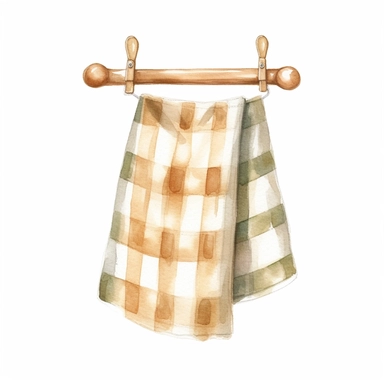 watercolor clipart of a cream-colored gingham tea towel, vintage homely vibes, isolated on white background