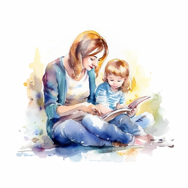 watercolor art of A mother and child sitting together, reading a book or playing a game, clipart, white background, 8k
