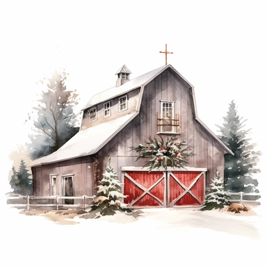 vector watercolor close up winter christmas farm barn decorated in Christmas style decor in winter clipart on white background, close up view, winter christmas farm barn, photorealistic, ultrarealistic, no background, on white