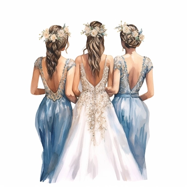 glamour dolce & gabbana half body back shot, watercolor white wedding dress bride wedding brunette hairstyle with beautiful gold headpiece clipart, + two bridesmaids in blue dress, hd, isolated on white background, spaced out ar 3:2