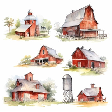 Watercolor Barns Clipart. Farm Style. Red Barn House, Horse, Tractor, Windmill, Wood Gate Illustrations. Wedding Invitation DIY white background