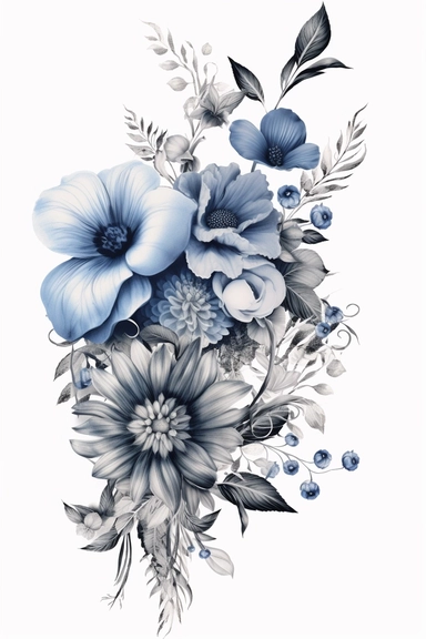 flower corner freebie floral border clipart, in the style of black and white realism, indigo and gray, uhd image, tattoo, monochromatic paintings, contemporary fairy tale, eye-catching detail