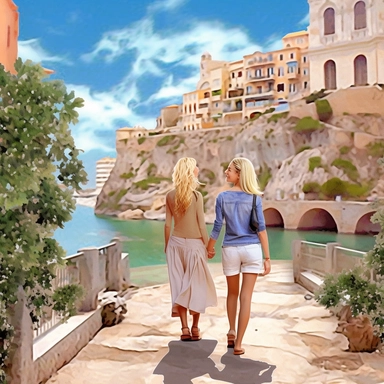 panoramic view, full view, landscape, two beautiful older female best friends with blonde hair walking side by side smiling and chatting, beautiful faces, along a cobblestone walkway in a beautiful mediterranean town with view of beautiful blue water, cascading bougavanelia, beautiful summer day, illustration clipart, photo realistic, romantic, fantasy, ethereal, sharp focus, high detail,
