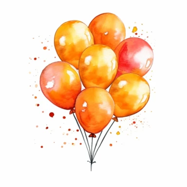 one vibrant party balloon clipart, white background, orange colour tones, watercolour style