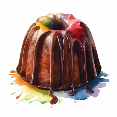 watercolour bundt cake with chocolate coating, clipart on white background, no watermark, highly detailed, professional color gradation, clean sharpness