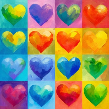 create light greeen, pink, red , blue, yellow , aqua green, ocean blue,orange hearts cliparts in oil painting style.