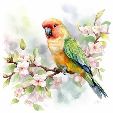 A cute happy parrot sitting proudly on a spring branch, baby, looking off into the camera, with a few spring blossoms and leaves framing the scene, vivid colors, watercolor by Thomas W. Shaller, clipart, solid background, no watermark, 8k, on white background
