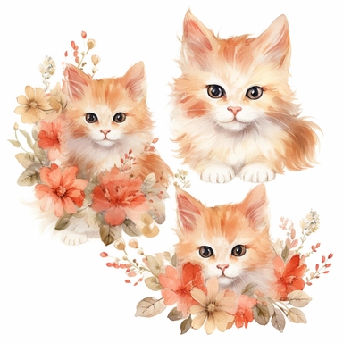 Watercolor Floral Cats Clipart Bundle, Watercolor Clipart, Digital Download, Kittens Animals, Cottagecore Kitty Cute Animals Illustrations