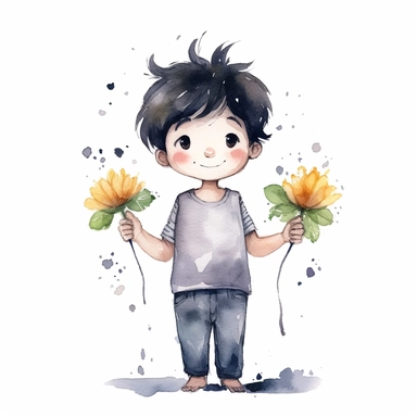 Love in you, boy, full body, happy face, black hair, flower on head, beautiful thoughts, clear white background, self love, self confidence, watercolor, simply drawn for children book, handrawn watercolor graphic clipart, 16k