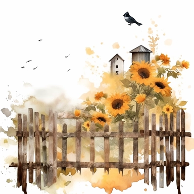 one Autumn Fences sunflower on a white background, blackbirds, and fences clipart set, in the style of light white and dark beige, post-conceptual, dreamy watercolor scenes, traditional street scenes, bentwood, uhd image, halloween, no watermark, text, 300 DPI , typography, shapes do not stick together, no text in the picture, on a white background