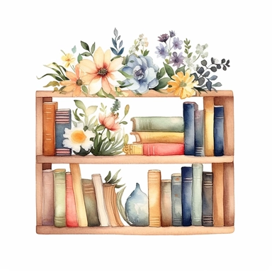 miniature bookshelf,watercolor,floral,cute,light color,white background,clipart