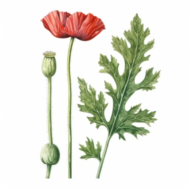 Watercolor of tall slender micro dainty poppy leaves on a single stem with closed poppy seed head. Ikebana red poppy, leaves typically have a distinctive elongated shape with a pointed tip, and are deeply lobed or dissected. The lobes are typically rounded or toothed, and may be arranged alternately or opposite each other along the stem. Floral Clipart, poppy, Minimalist Flowers Watercolor, Ikebana Clipart, Separated design