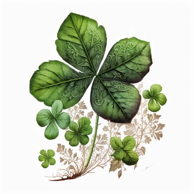 four leaf clover, tempera clipart illustration, intricate details, bold, vivid images, clean, crisp, smooth, with white background