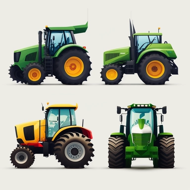 vibrant agricultural vehicles, each front profile view, detailed vector illustration, clipart, svg, white background