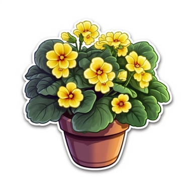 Isometric Sticker Clip Art of Primroses, Primula Flower, in flower Pot, children friendly, illustrated in a realistic style, perfect for any special occasion, cut out in the shape of Primroses, with no visible background, giving it the appearance of a sticker, conveying a mystical and whimsical mood, edited with Adobe Photoshop to adjust brightness and contrast, rendered as a transparent PNG file with a high resolution to ensure a crisp and clear image with no pixelation, suitable for various ap