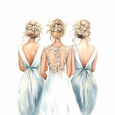 glamour dolce & gabbana half body back shot, watercolor white white wedding dress bride wedding hairstyle with beautiful gold headpiece clipart, + two bridesmaids in pastel blue dress, hd, isolated on white background, spaced out ar 3:2
