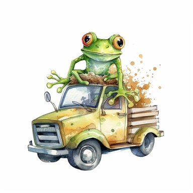 hand drawn Clipart white background frog driving a truck