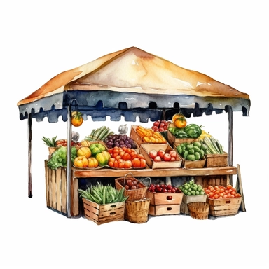 watercolor colorful clipart of a bountiful farmer's market, hd, on white background