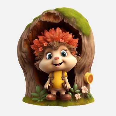adorable hedgehog with bright eyes and a curious expression. peeking out from a cozy hole in a tree trunk, surrounded by moss, mushrooms, Fairytale Cartoon Art Style, Full Body Image and Appearance, 3D-Designed Character, in style of clipart with no background