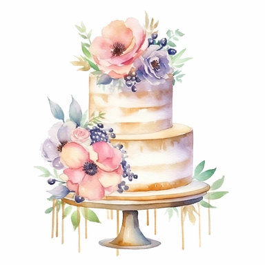 clipart, isolated on white background, Watercolor cake with flowers, white colored, ornated, pastel colors