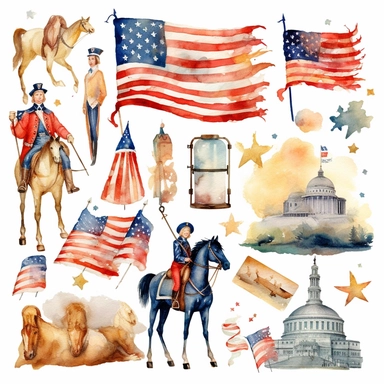 american theme clipart, independence day, in the style of dreamy watercolor scenes, detailed miniatures, free brushwork, pictorial fabrics, pattern, founding fathers sticker art style, patriotic american colors, white backround