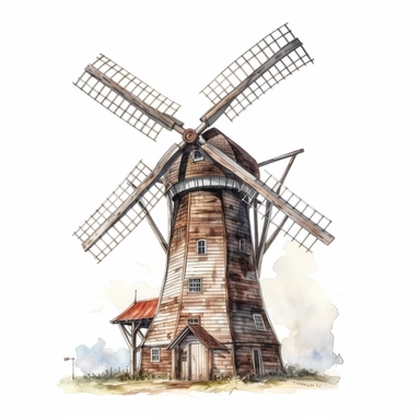 side rear view realistic watercolor drawing of a vintage windmill in Germany, on a white background where the background will be removed to repurpose as a clipart.