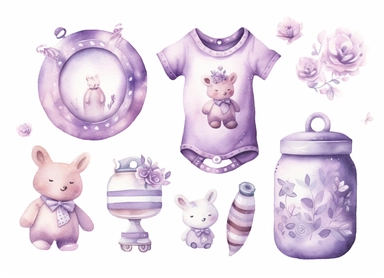 5 sets of watercolor clipart - cute little baby septer/crown/pacifier/onesie cloth/baby pajamas cloth/baby feeding bottle, in the style of light silver and light purple, victorian-inspired illustrations, nature-inspired pieces, different playful compositions, plush doll art, high resolution, isolated on a white background