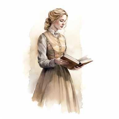 a watercolor of a realistic blonde holding a vintage book, victorian style, vector free clipart illustration, in the style of unreal engine 5, 32k uhd, detailed features, white background