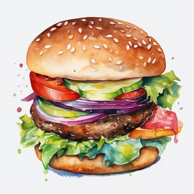 High Detail clipart of a Hamburger, no lines, no outlines, clipart, featured on dribble, american Dinner clipart, minimalist, computer vector graphic design clip art, watercolor illustration clipart, watercolour clipart, watercolor illlustration for Recipe Books, book illustration, print on demand image, PNG tranparent background