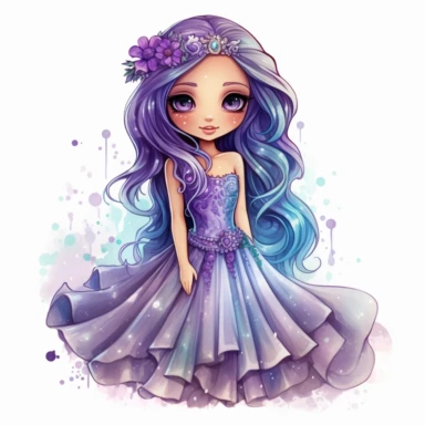 A cute detailed girl in chibi style, Jasmine Becket - Griffith style, watercolour illustration clipart with real glitter detail, wearing a beautiful lilac full length ballgown style dress, the girl has long deep purple hair, the girl has ice blue eyes, full body image, with feet isolated on a white background,