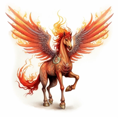 fire pegasus tattoo design by twilight designs, in the style of david nordahl, jean-baptiste monge, farel dalrymple, fantastical street, high resolution, imaginative characters, clipart, blank white background