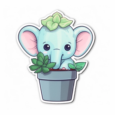 Clipart element, single sticker, super cute elephant, succulent, kawaii style, light pink, light blue, green, white background