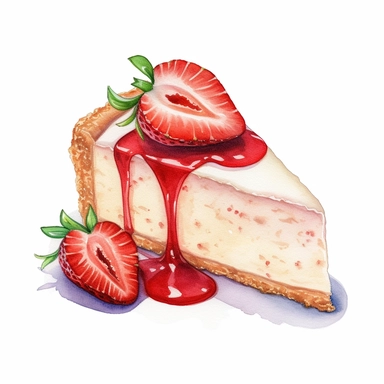 This highly detailed watercolor clipart portrays a mouthwatering cheesecake adorned with fresh strawberries on a pristine white background. The artwork captures the essence of this delightful dessert with meticulous precision. The cheesecake itself is rendered with delicate brushstrokes, showcasing its creamy texture and luscious layers. Plump strawberries, vibrant and juicy, are carefully painted, capturing their rich red color and glossy surface. The white background provides a clean and elega