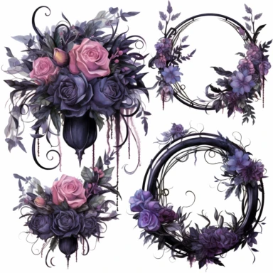 Step into a world where the ethereal beauty of watercolors meets the dark allure of Gothic aesthetics. Create an extraordinary collection of Gothic floral arrangements in clipart form, each brushstroke capturing the delicate balance between light and shadow. Infuse the artwork with elements inspired by Gothic literature and art, intertwining roses, thorns, and dark foliage with intricate details like antique keys, winding vines, and elegant candelabras. Choose a vivid color palette that juxtapos