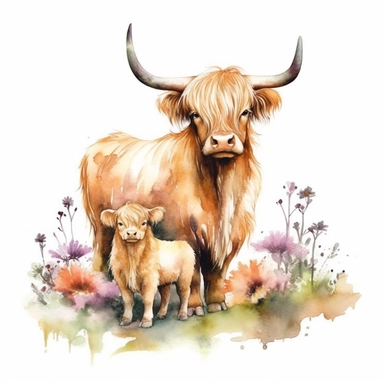 Capture the natural beauty with a watercolor clipart of a Highland Cow and its baby standing on a rock with a flower, showcasing its full body character in a close-up view. The artwork should have high focus, Very High Quality image resolution, and Ultra HD clarity, while featuring a solid white background to create a fresh and modern composition