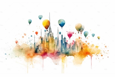 Watercolor, Create a futuristic cityscape with balloons serving as transportation vehicles. clipart, hd, on a white background, spaced out