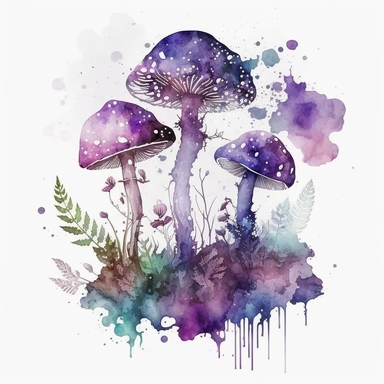 Watercolour Magic Mystical Mushrooms clipart purple. One larger mushroom and 2-3 smaller ones growing as a group from the ground. no other mushrooms. a little bit of green plants and leaves around without inclusions or dots or circles and also growing from the ground. No things hanging in the air. white background