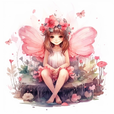 cute adorable forest fairy, pink forest fairy, fairy with wings, fairy loves hearts, fairy is happy smiling, fairy is sitting in a flower garden,watercolour illustration, soft light, fairy forest, clipart