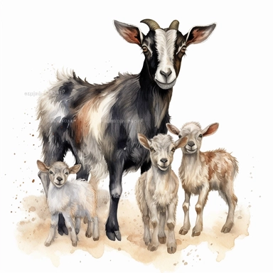 new born baby dwarf Nigerian goats with their mother, very detailed and realistic, watercolor, white background with margins, clipart style