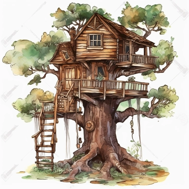 a Tree House watercolor Clipart sublimation clipart graphic, full body, clipart, sticker, a single picture, cartoon style, highly detailed, 8k, one image in the frame--no text in the picture--
