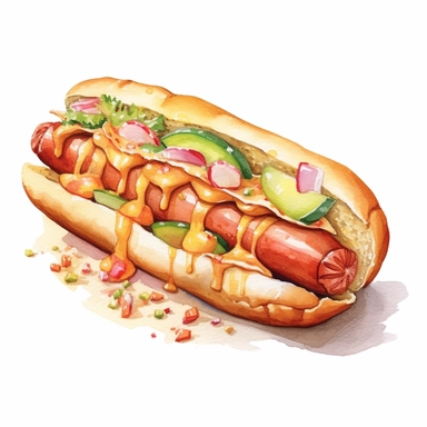 an enchanting watercolor, hyper-realistic clipart image with a white background and white margins, featuring a Sonoran hot dog wrapped in bacon and topped with pinto beans, onions, tomatoes, mayonnaise, mustard, and jalapeño salsa. The ultra-detailed, hand-drawn elements capture the layers of flavors and textures in this unique hot dog. Use whimsical touches to add a touch of Southwest charm, and bold shades of various colors to evoke the fusion of Mexican and American influences in this regiona