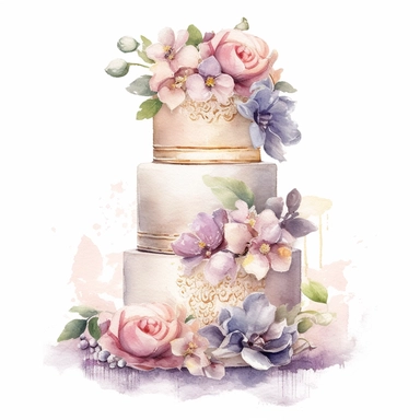 Create a stunning watercolor clipart featuring an exquisite and intricately designed wedding cake. Use a vibrant color palette to bring out the beauty and elegance of the cake. Incorporate delicate details, such as intricate lace patterns, cascading flowers, and ornate tiers. Apply gentle brushstrokes and blending techniques to achieve a soft and dreamy watercolor effect.