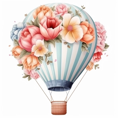 Hot Air Balloon With Foral realistic Clipart, White Background