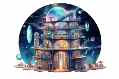 Watercolor, Craft a planet with bioluminescent caves that house ancient libraries of knowledge clipart, hd, on a white background, spaced out