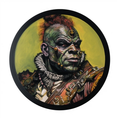 Martin Johanna's painting depicting an Irish Persian orc orcish regency orientalism noble soldier, Amoako Boafo Mad Max Lord of the Rings, handpainted punk zine indie retrowave film poster, clipart illustration, circle white background, circular border