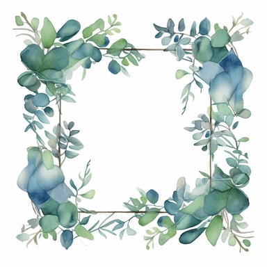 square frame of watercolor eucalyptus branch clipart, in the style of border art, green with blue accents, white background