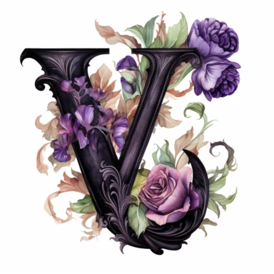 ultra beautiful Victorian vintage black alphabet letter V, decorated with goth black and purple roses, water colour illustration, clipart, white background