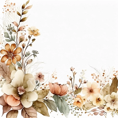 watercolor spring flower border, clipart isolated on clear white background, brown, peach, and cream, boho, lithograph, 32k uhd, textural