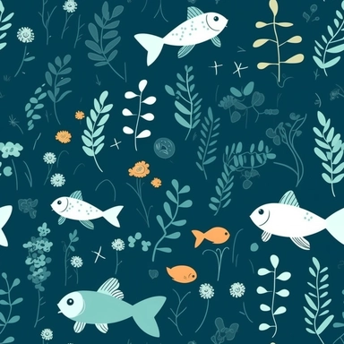 A captivating minimalistic pattern for a children's t-shirt design, capturing the beauty of an underwater realm. Serene fishes and elegant aquatic plants gracefully coexist, while a diver explores the depths with wonder. The design incorporates a predominantly light blue background, reminiscent of the tranquil ocean waters. Rendered in a minimalist clipart style, with simple shapes and soft hues, this t-shirt design exudes a sense of calm and simplicity, appealing to children who appreciate a cl