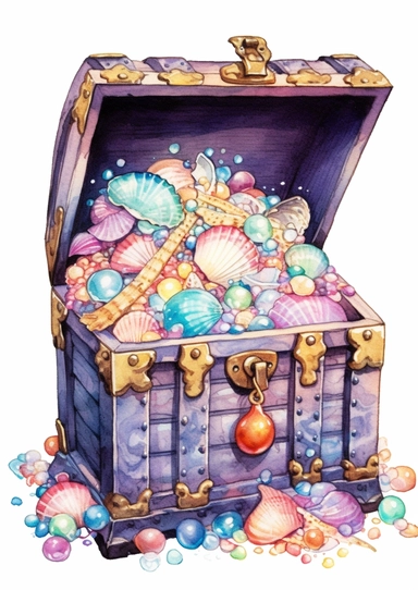 cute watercolor underwater treasure chest full of pearls clipart, full body, hd, on white background, spaced out